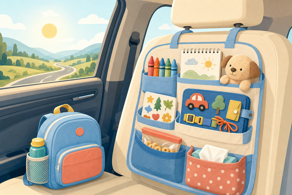 Flat illustration of a toddler's car caddy and backpack filled with screen-free activities like crayons, stickers, and a plush toy, with a sunny road-trip scene visible through the car window.