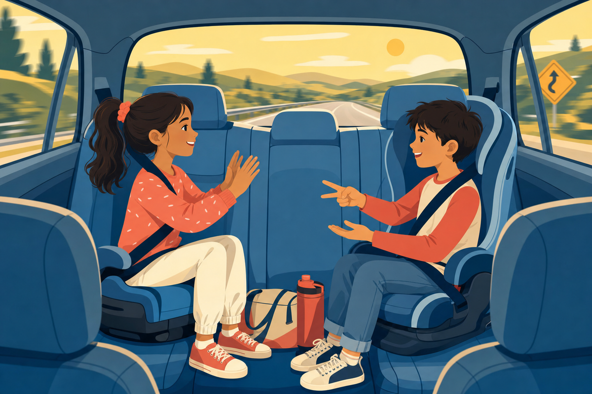 Flat illustration of two kids in car seats playing hand games together in the back seat, ignoring the scenic road-trip view outside the window.