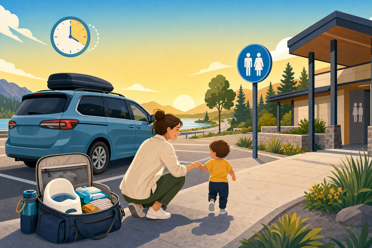 Flat illustration of a parent and toddler walking toward a rest-stop restroom with a packed emergency potty kit and minivan in a sunny road-trip scene