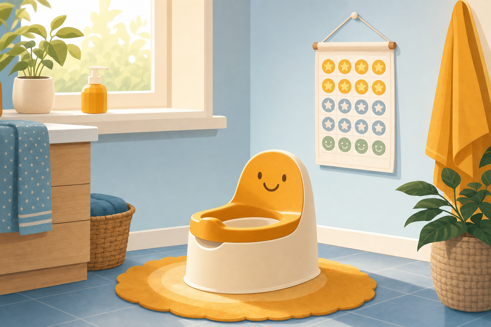 Cheerful bathroom illustration showing a child's potty training setup with a colorful sticker chart on the wall