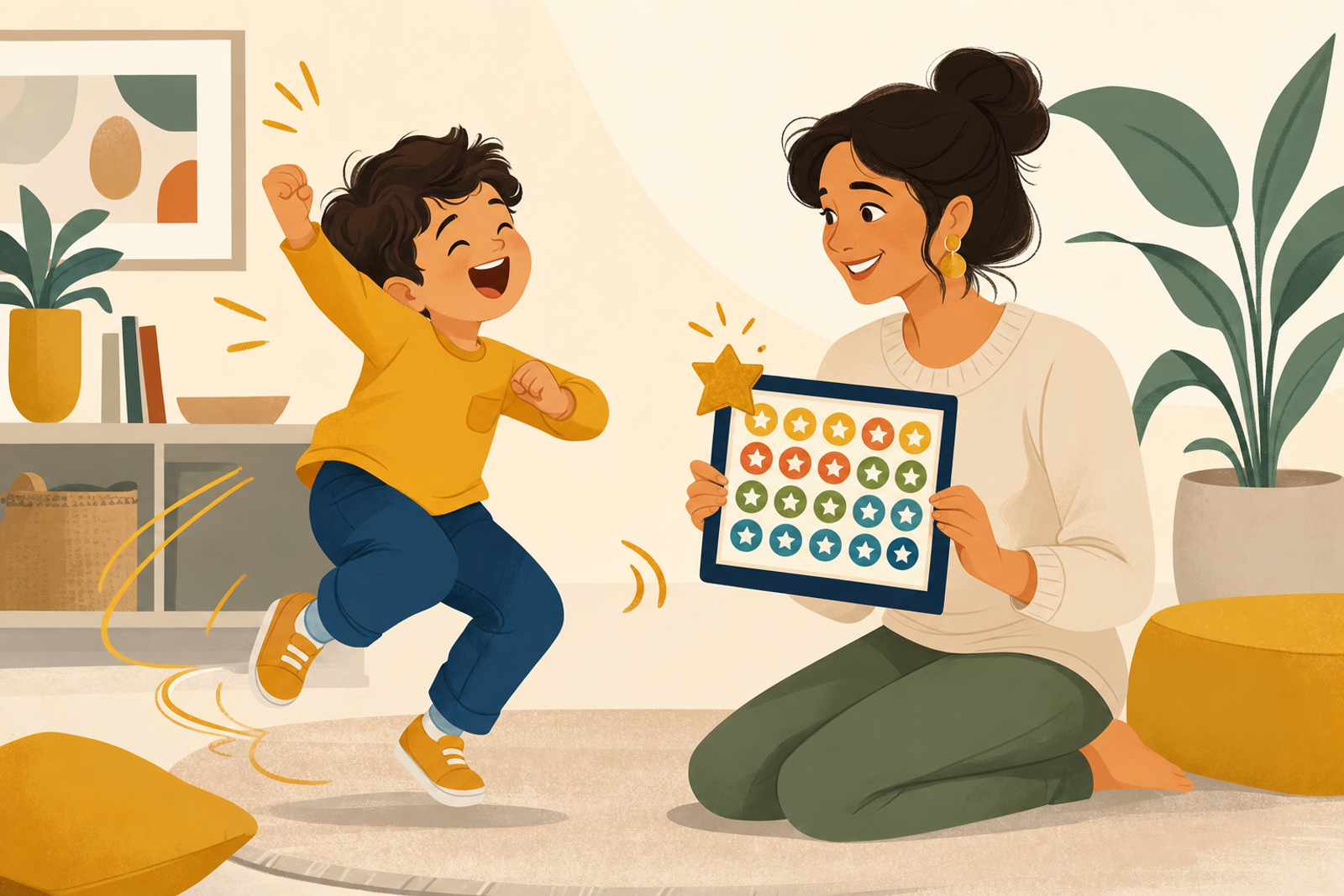 Illustration of an energetic child moving happily while a parent holds a sticker chart, depicting positive engagement with a fidgety five-year-old