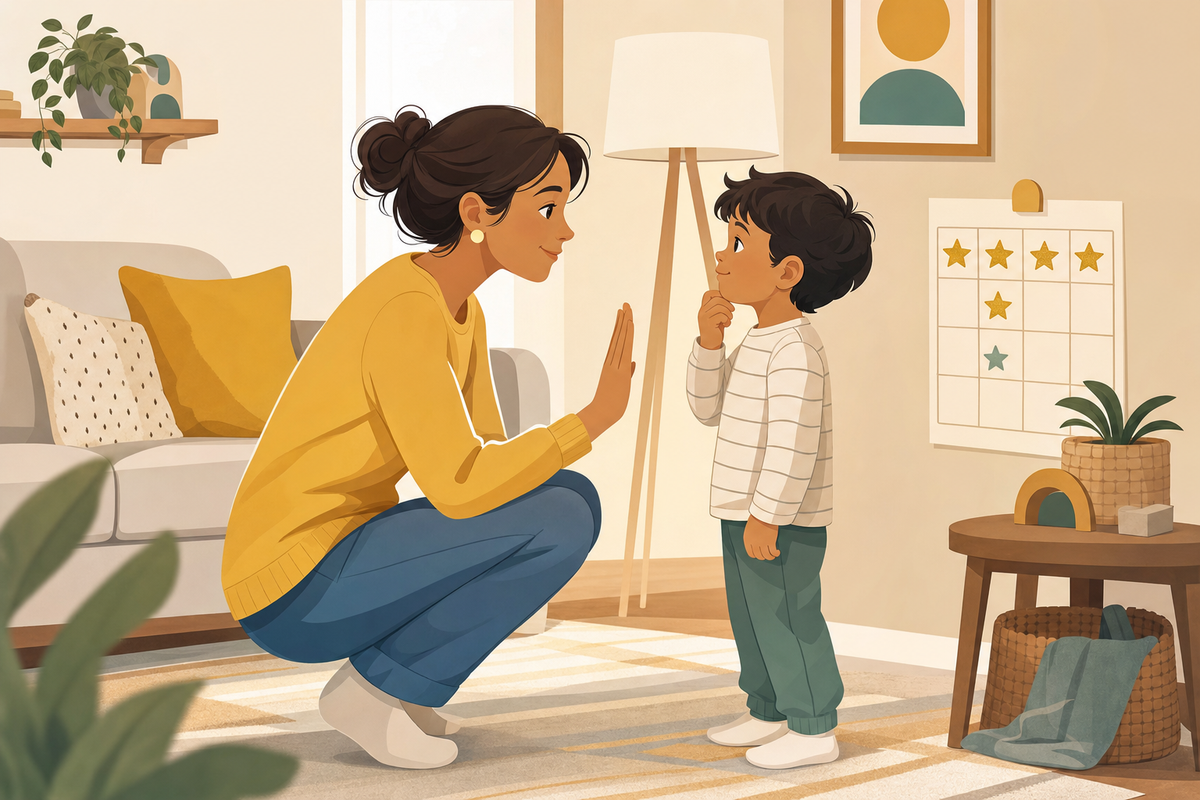 Illustration of a parent patiently guiding a child who is learning not to interrupt, with a printable reward chart nearby showing a few earned stickers.