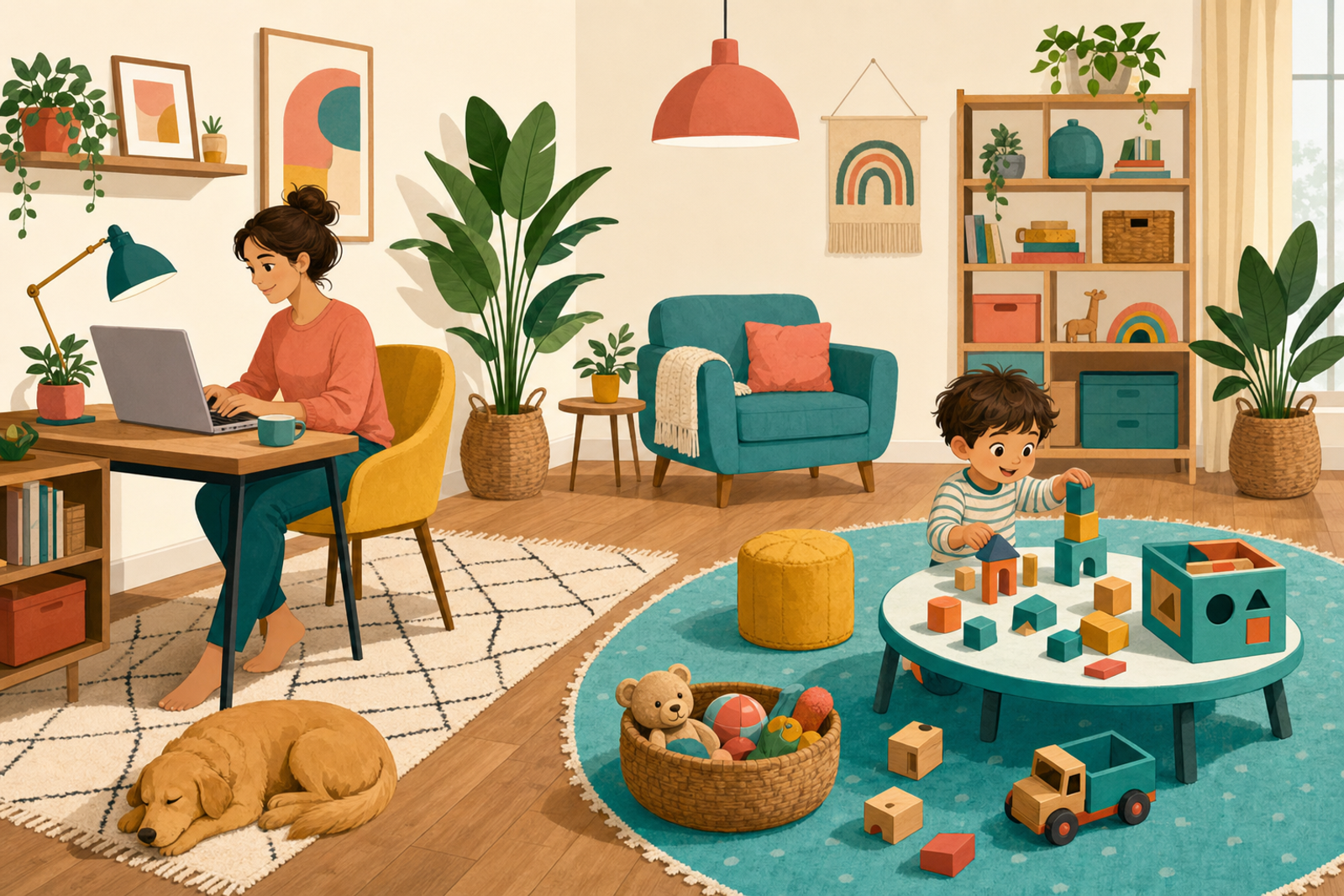 Flat illustration of a parent working on a laptop at a desk while a preschooler happily plays independently nearby with blocks and toys in a bright, modern home setting.