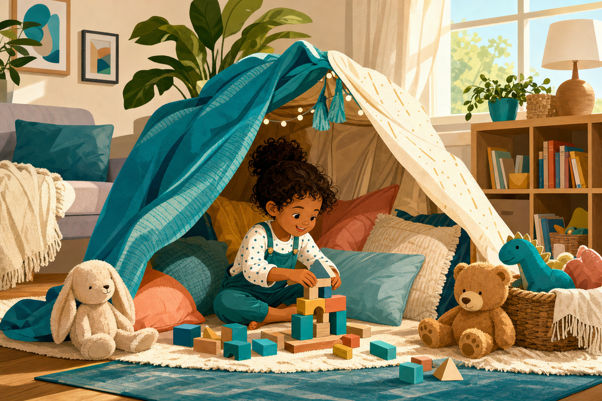 Flat illustration of a child playing independently in a cozy blanket fort surrounded by toys, with no screens in sight.