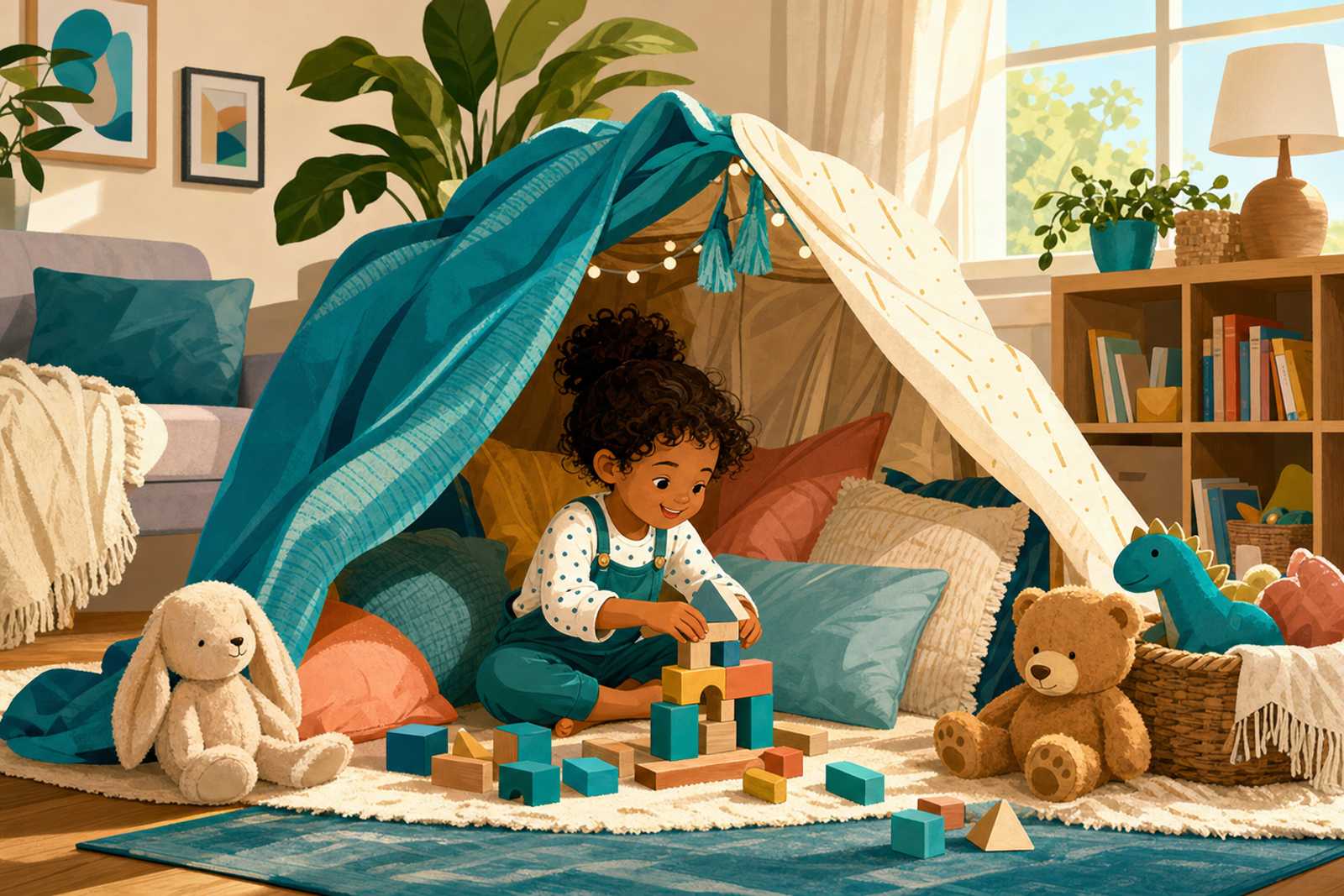 Flat illustration of a child playing independently in a cozy blanket fort surrounded by toys, with no screens in sight.