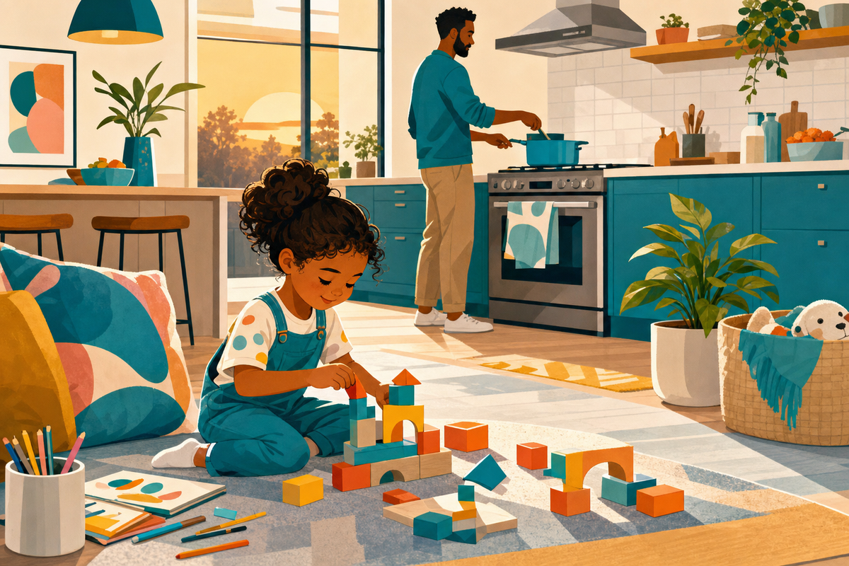 Illustration of a child playing independently with toys in the foreground while a parent cooks dinner in the background kitchen
