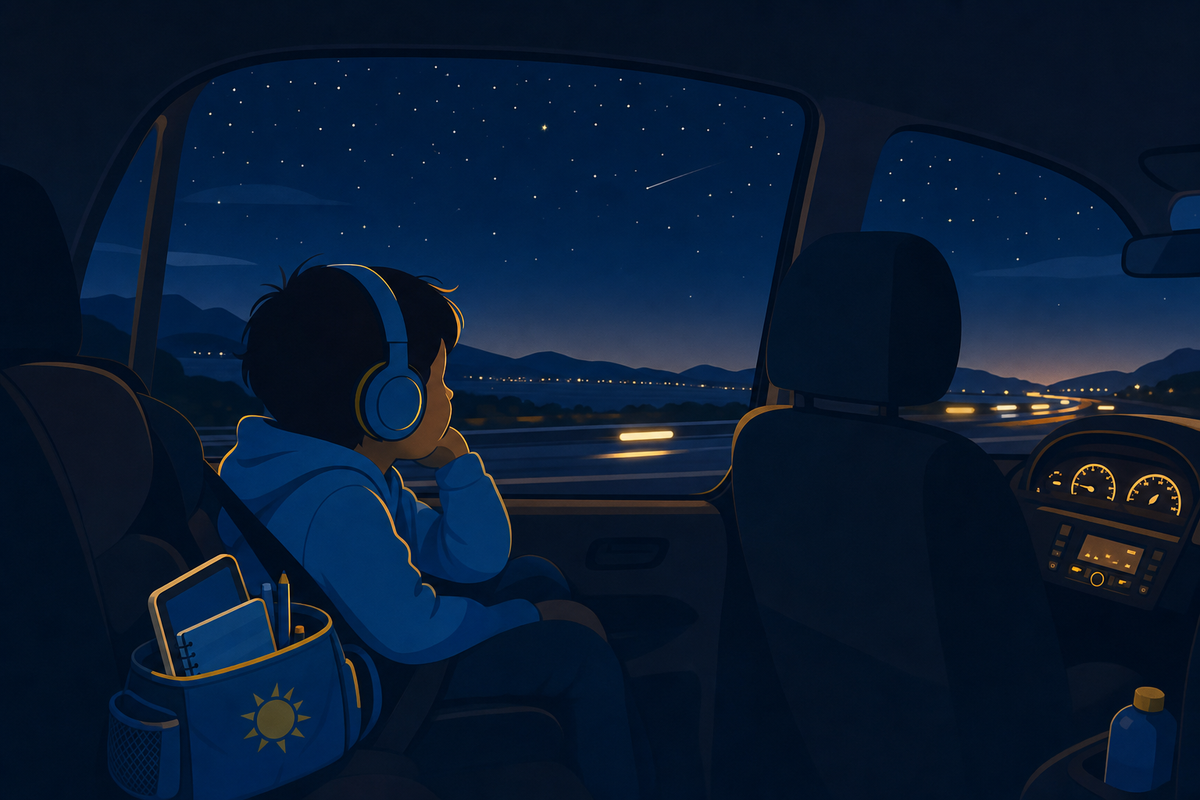 Illustration of a child peacefully entertained during a nighttime road trip, looking out at stars through the car window