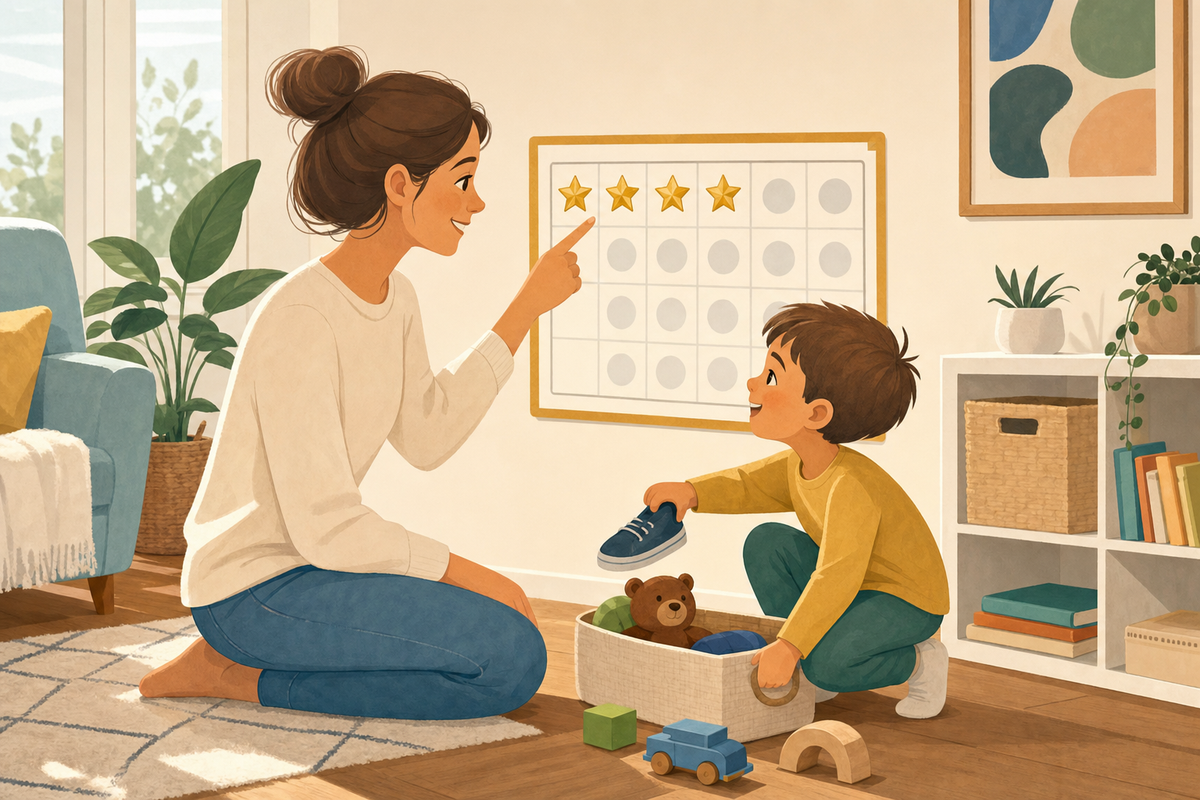 Illustration of a parent and young child calmly looking at a sticker chart together as the child completes a task.