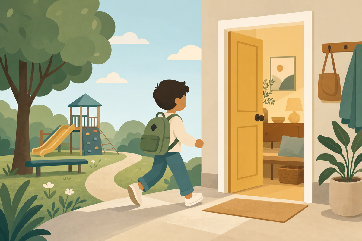 Illustration of a child transitioning peacefully from outdoor play to coming inside, representing smooth playtime endings without conflict