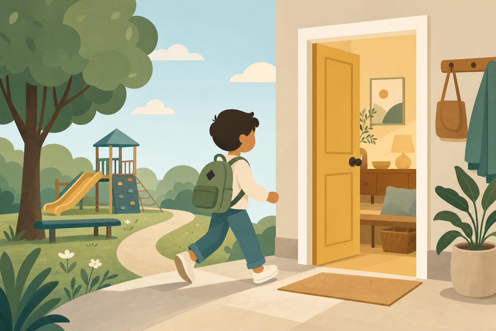 Illustration of a child transitioning peacefully from outdoor play to coming inside, representing smooth playtime endings without conflict