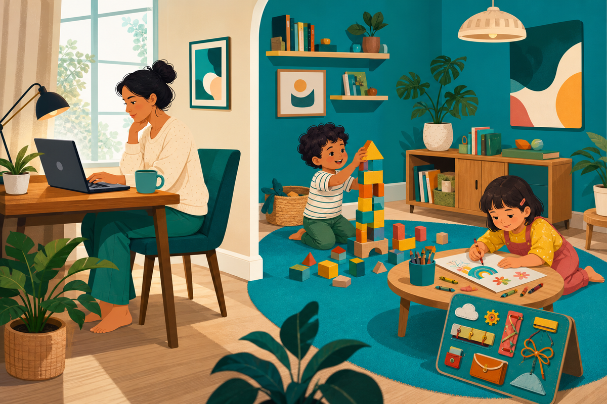 Flat illustration of a parent working at a laptop while two kids happily play independently nearby in a cozy, teal-accented home scene.