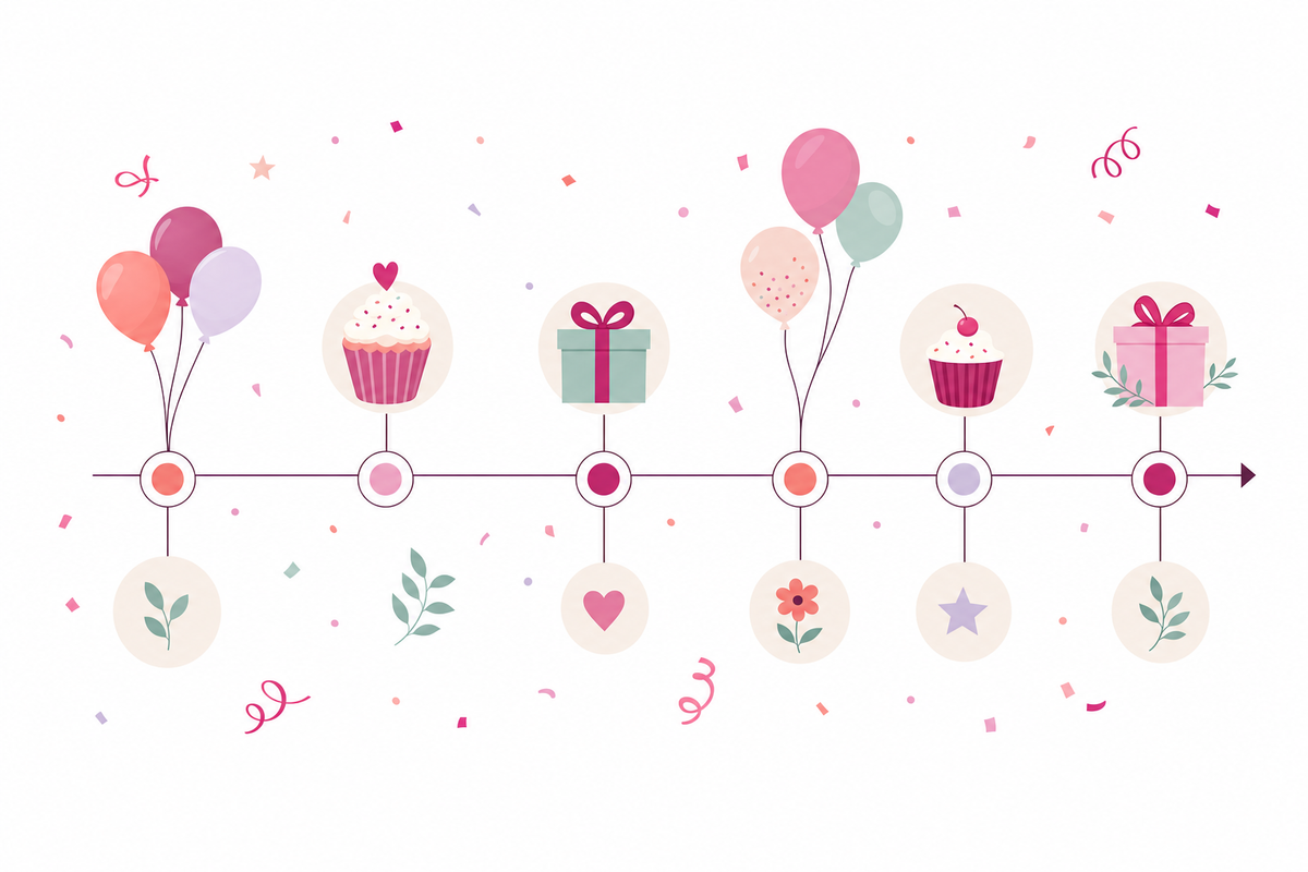 Illustrated timeline showing party planning elements like balloons and cupcakes arranged along a horizontal flow, representing the stages of organizing a child's birthday party