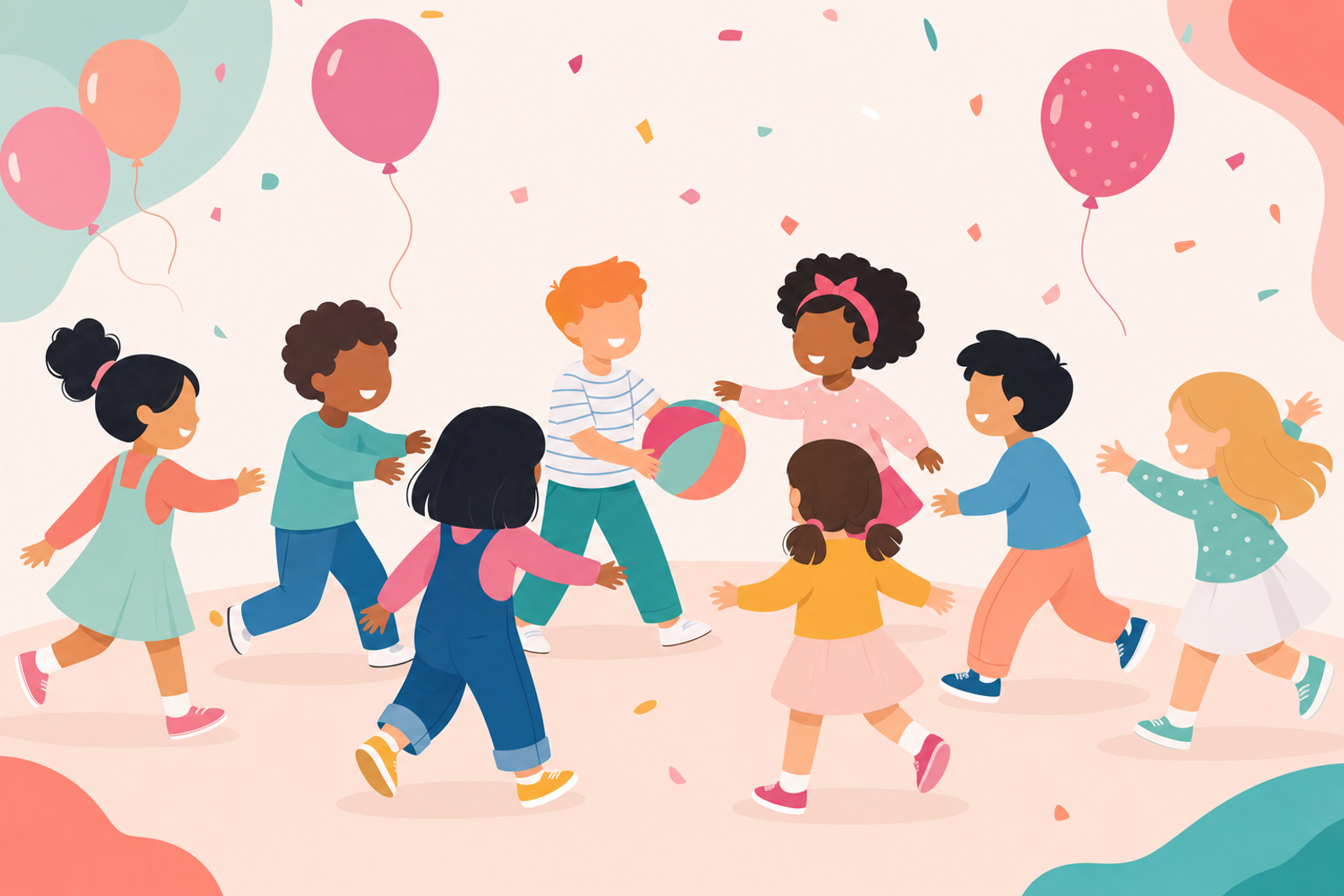 Illustration of children of different ages playing together at a birthday party with colorful balloons