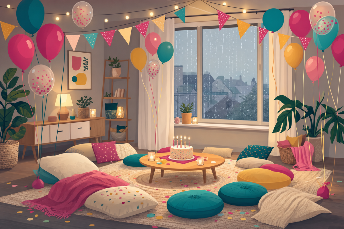 Flat illustration of a living room decorated for an indoor birthday party with balloons and cushions on the floor, while rain falls outside the window, representing a rainy day backup plan for a kids' birthday party.