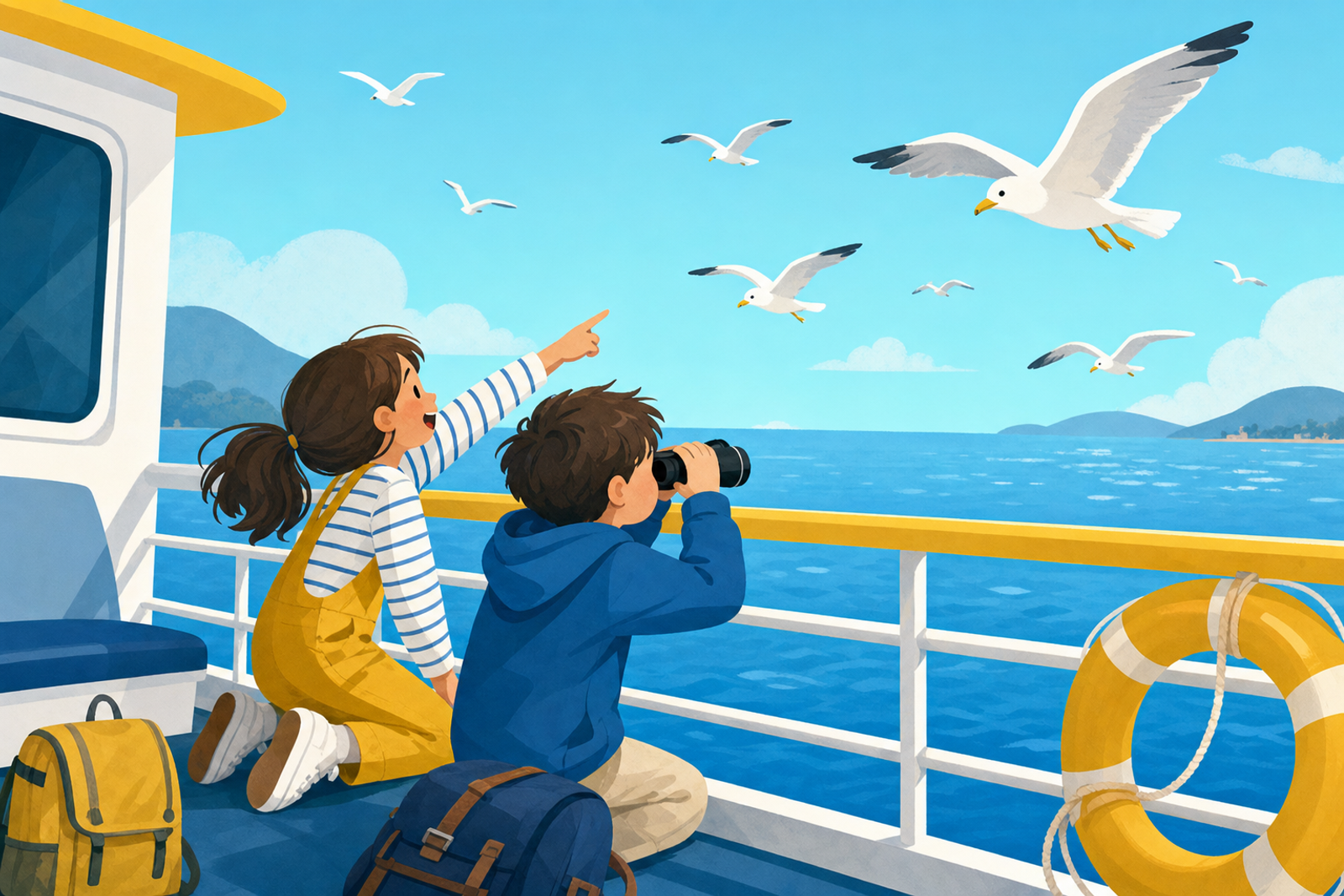 Two children enjoying activities on a ferry deck, one pointing at seagulls while the other uses binoculars to observe the surroundings