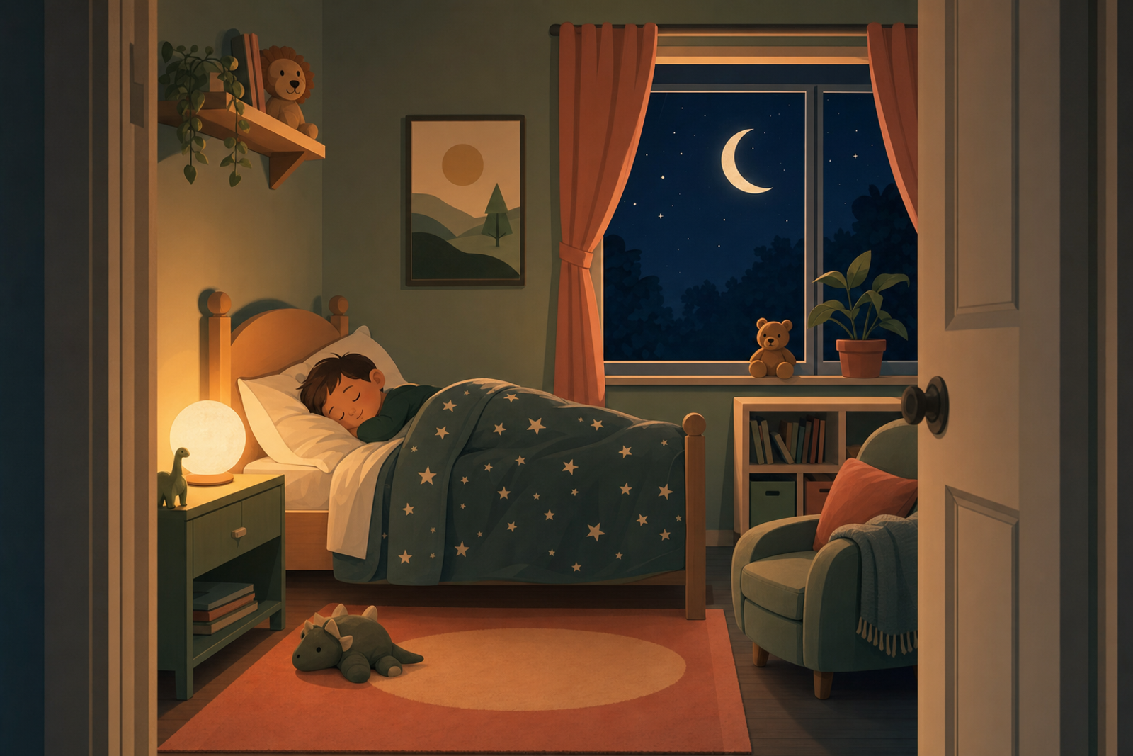 Peaceful child's bedroom at night with warm lighting and a child sleeping peacefully in bed under a starry blanket