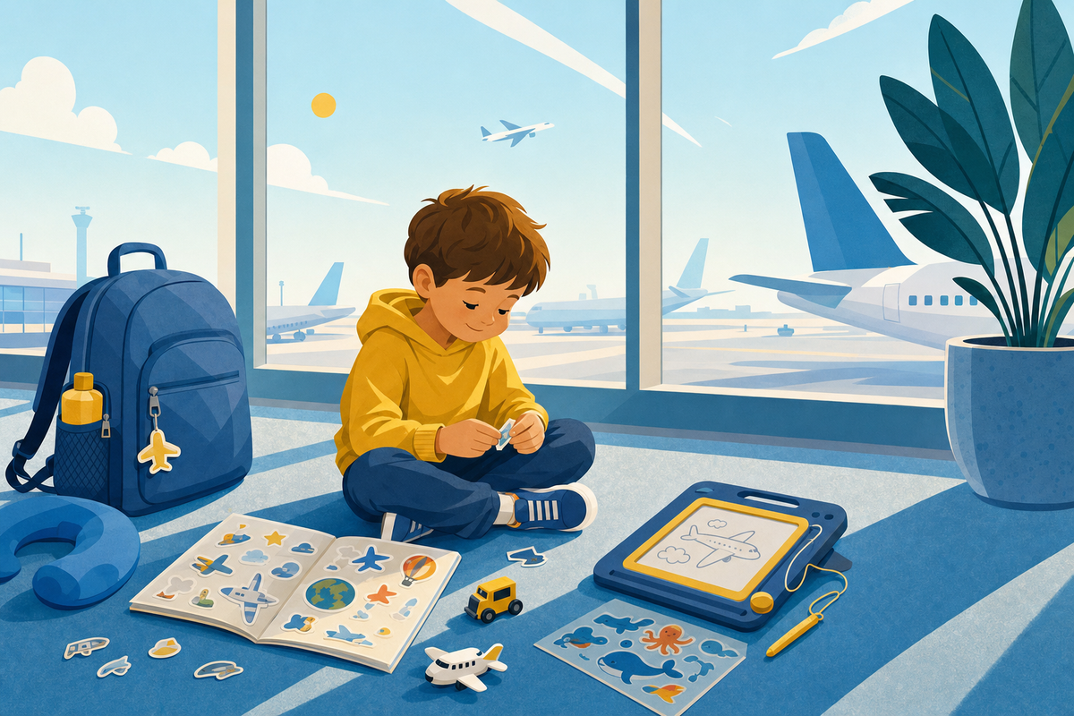 Child playing with travel activities on airport floor near terminal windows with planes visible outside