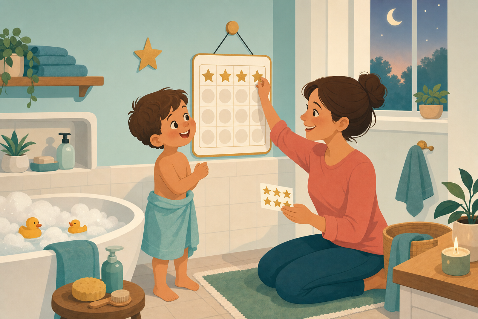 Flat illustration of a parent and young child happily placing a star sticker on a bath time sticker chart in a cozy bathroom with a bubbly bathtub.