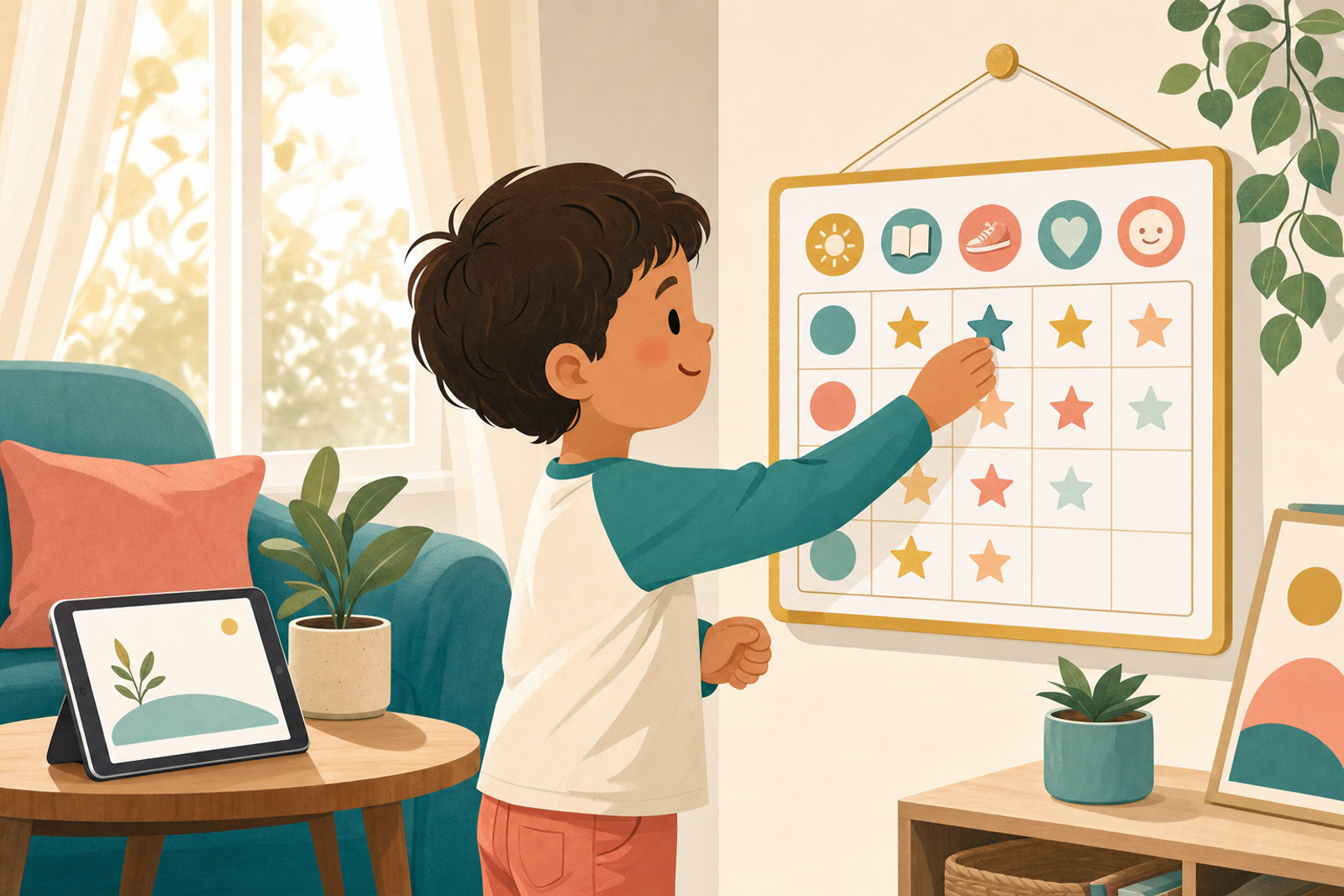 Child placing a sticker on a reward chart with a tablet device nearby, illustrating positive screen time transitions