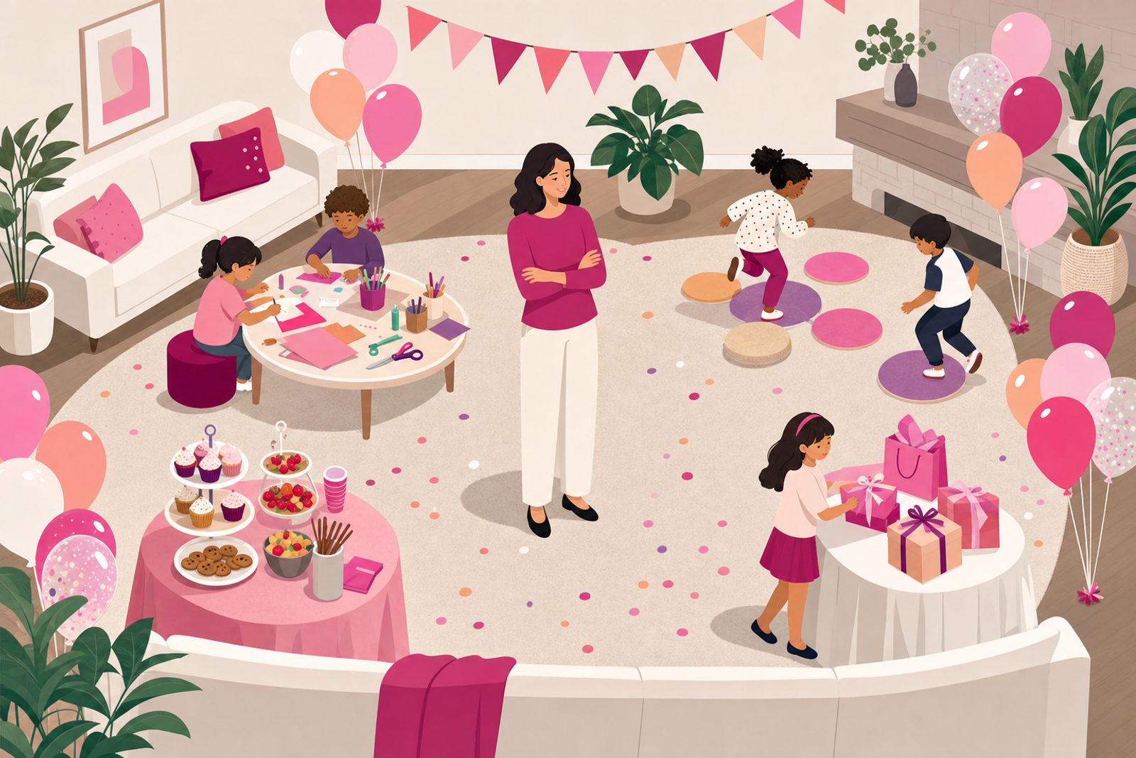 Illustration of an organized birthday party layout with multiple self-service activity stations and one adult supervisor in the center