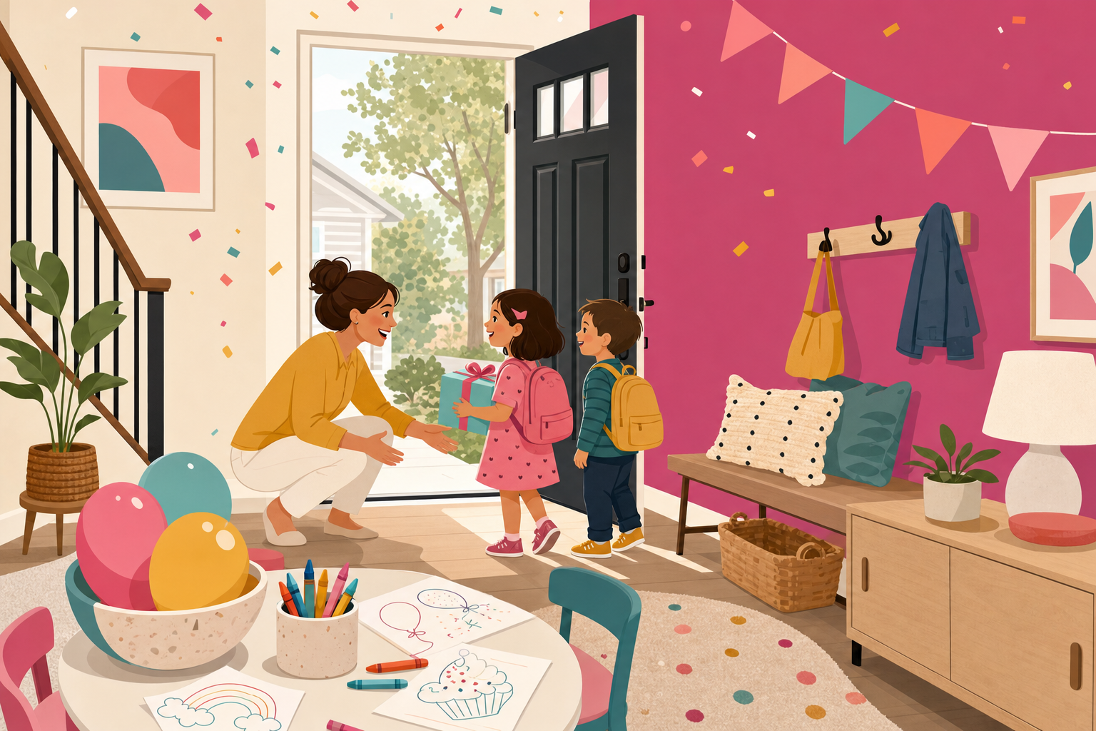 Flat illustration of a parent greeting young birthday party guests at the front door, with a cozy activity corner featuring coloring supplies and balloons set up for early arrivals.