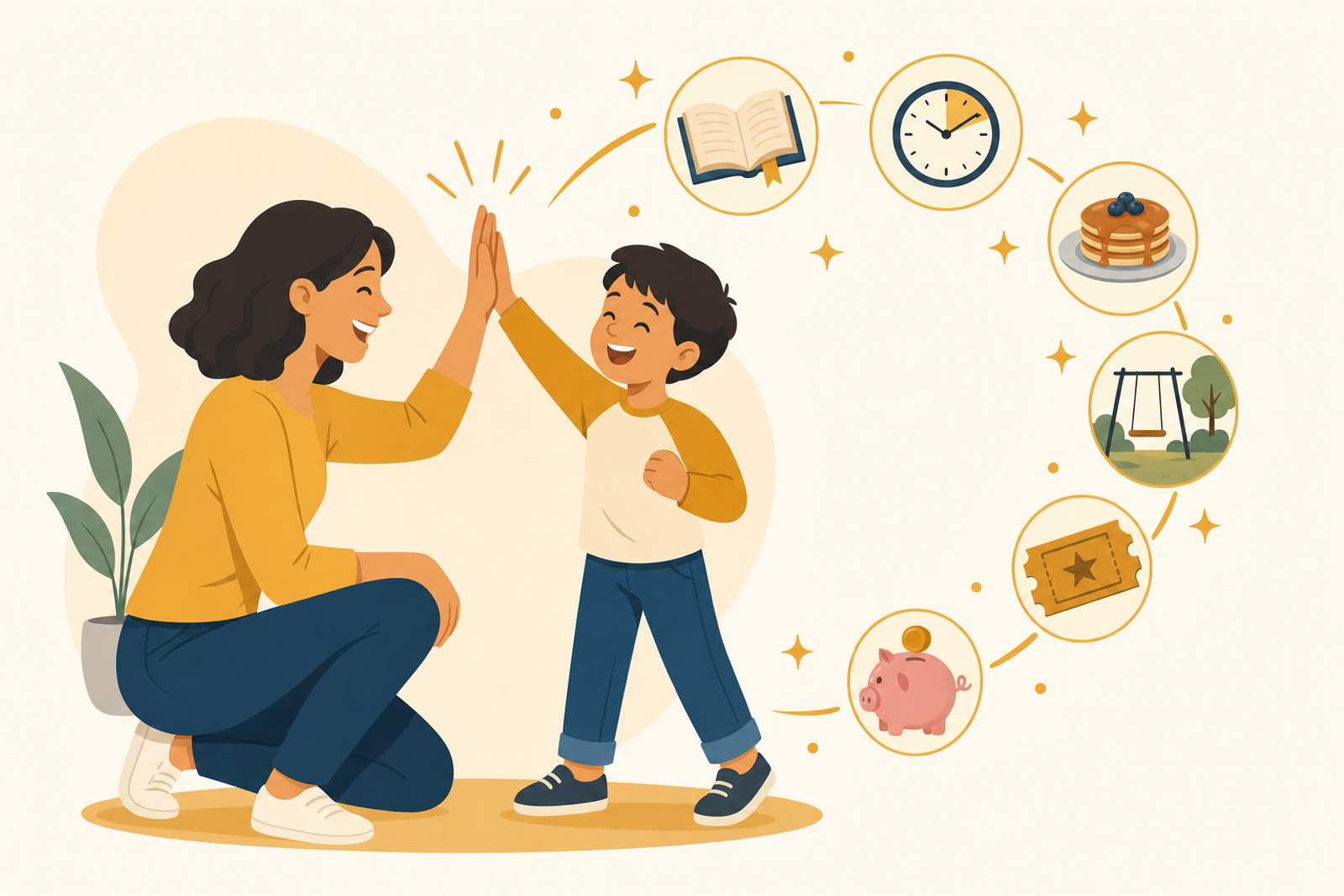 Illustration of parent and child celebrating together with icons representing non-toy rewards like books, extra time, and special activities floating around them
