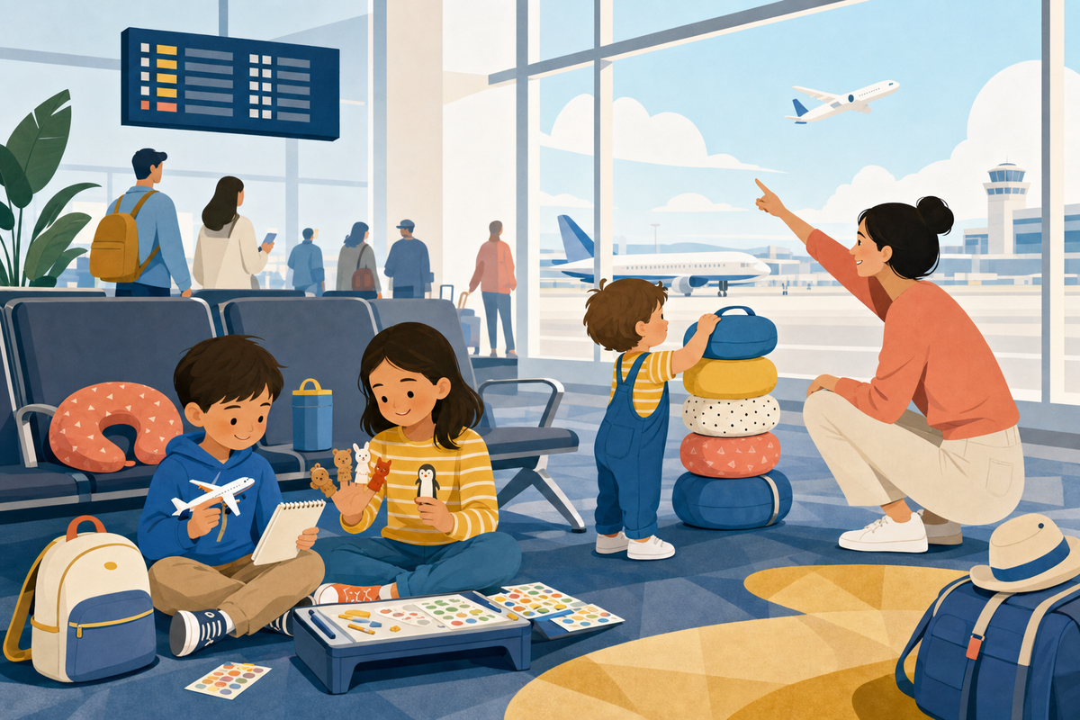 Flat illustration of two children playing with simple toys and a toddler stacking travel pillows near airport gate seating, with a parent nearby, representing screen-free activities during a flight delay.