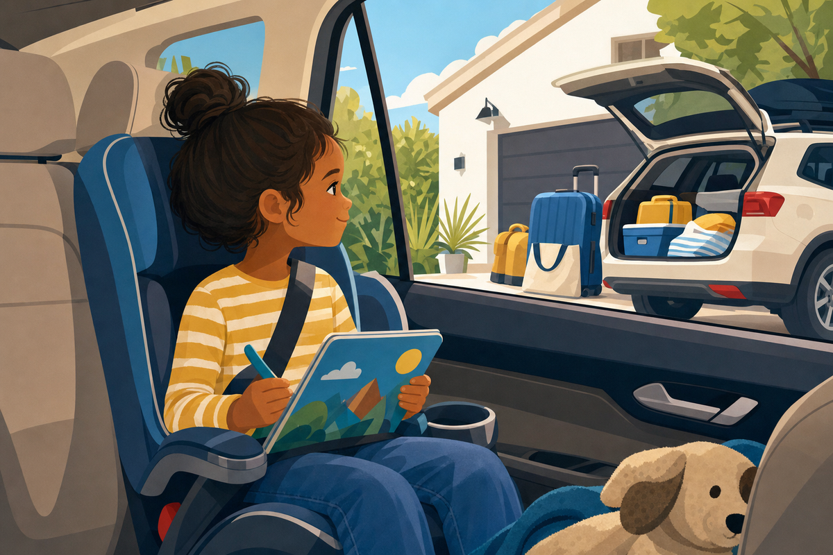 Preschool child sitting in car seat with activity book, ready for road trip