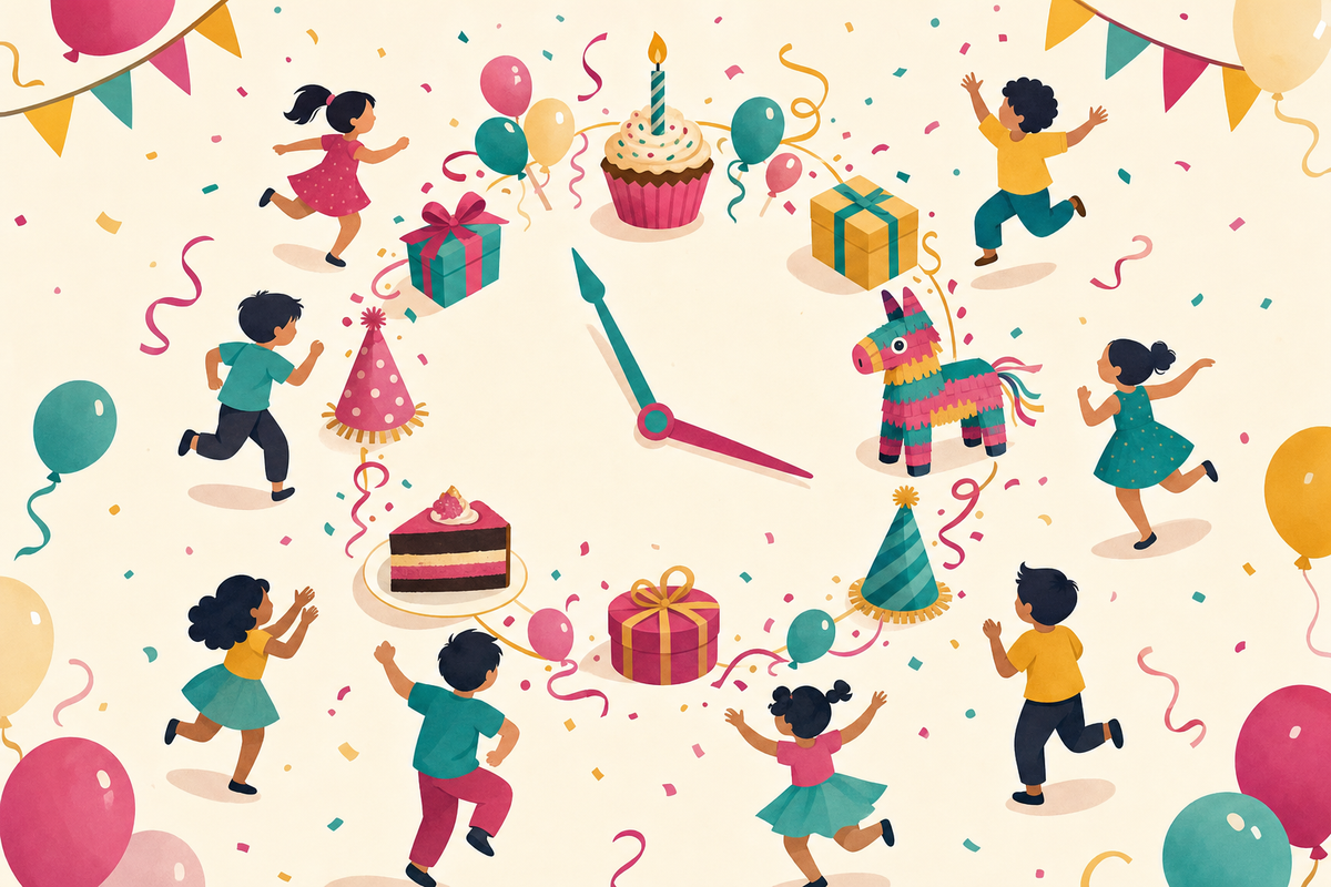 Flat illustration of a clock made from party elements like balloons, cupcakes, and gifts, surrounded by playful children silhouettes, representing a 2-hour birthday party timeline.