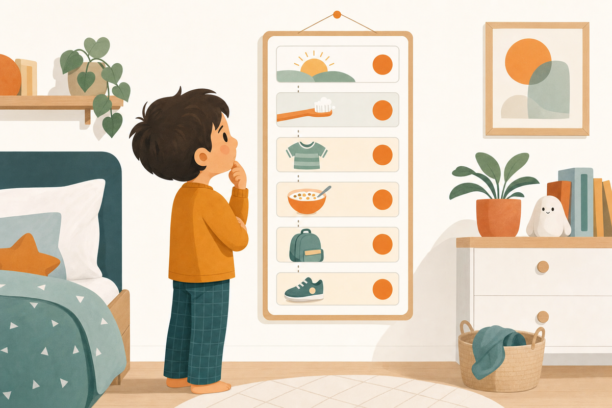 Child looking at a visual routine chart with picture-based steps for daily tasks