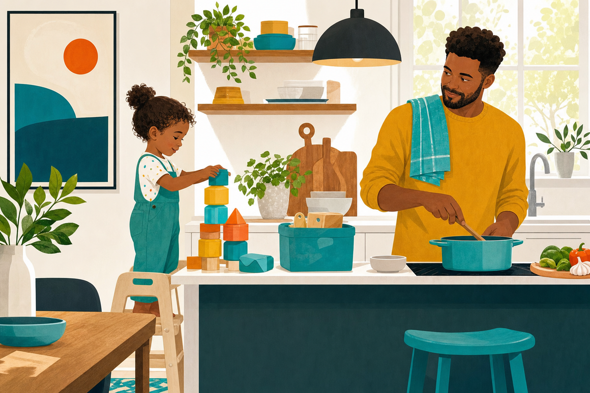 Parent cooking dinner in modern kitchen while young child plays independently nearby with simple kitchen-safe activities