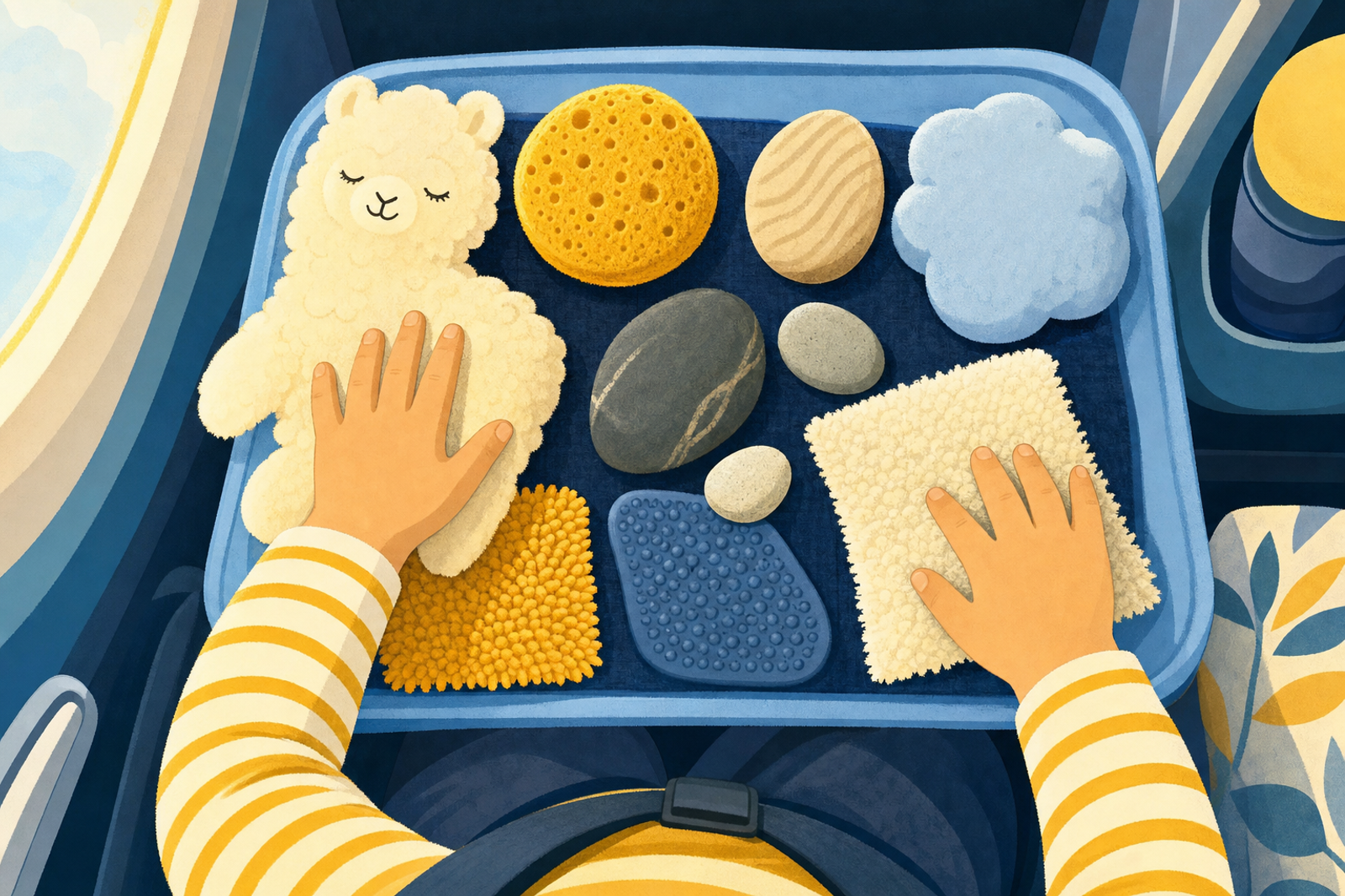Illustration of child's hands exploring various textured objects and tactile toys on a car seat, representing sensory activities for kids with motion sickness