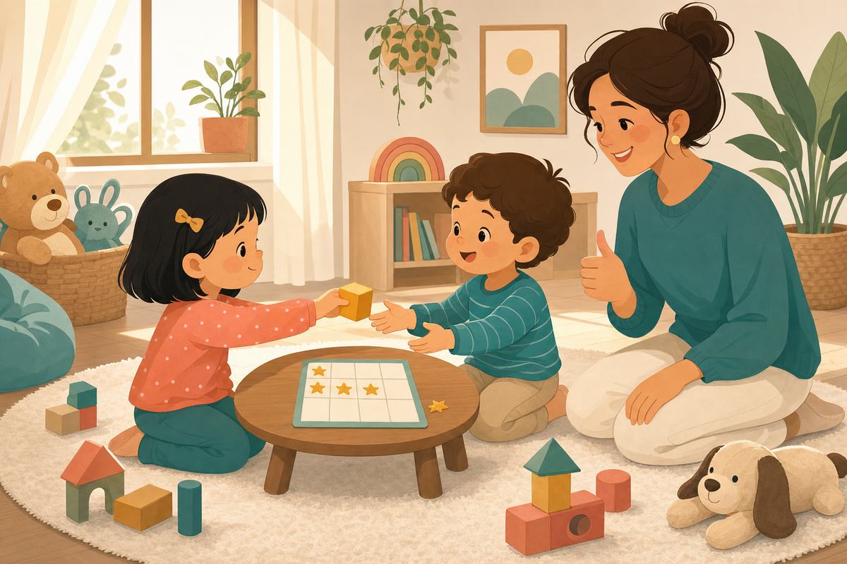 Illustration of two young children calmly sharing a toy while a small sticker chart with gold star stickers sits nearby, symbolizing positive reinforcement for good behavior during playtime.