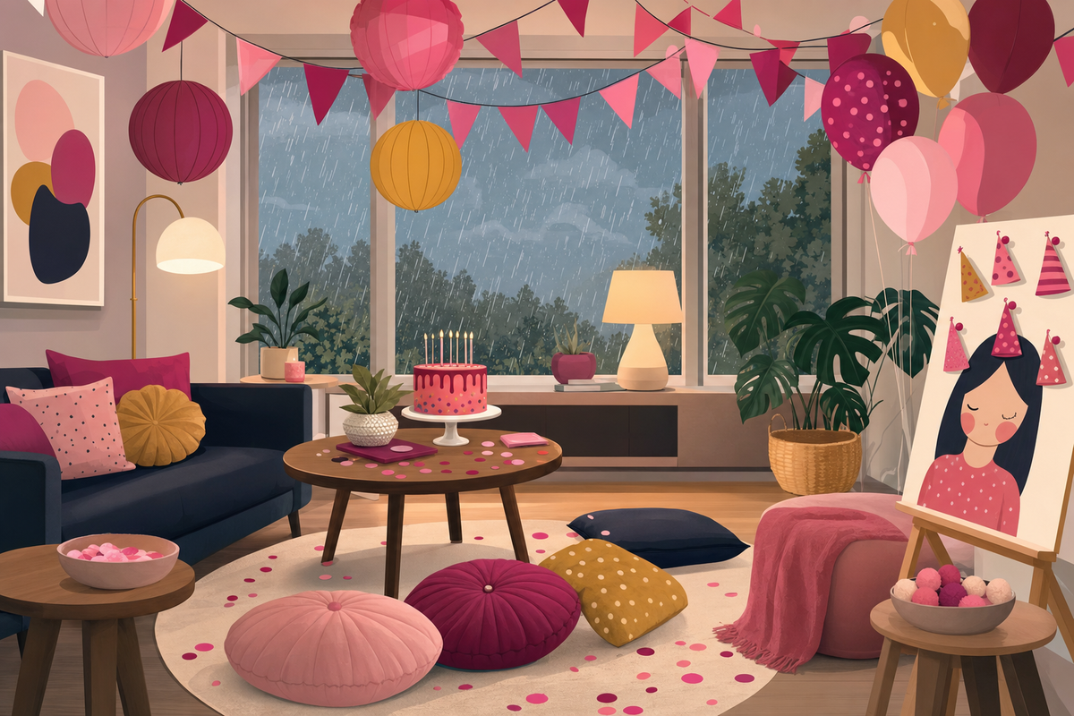 Flat illustration of a bright indoor birthday party setup with balloons and cake, while rain falls outside a window, representing a backup rain plan for kids' birthday parties.