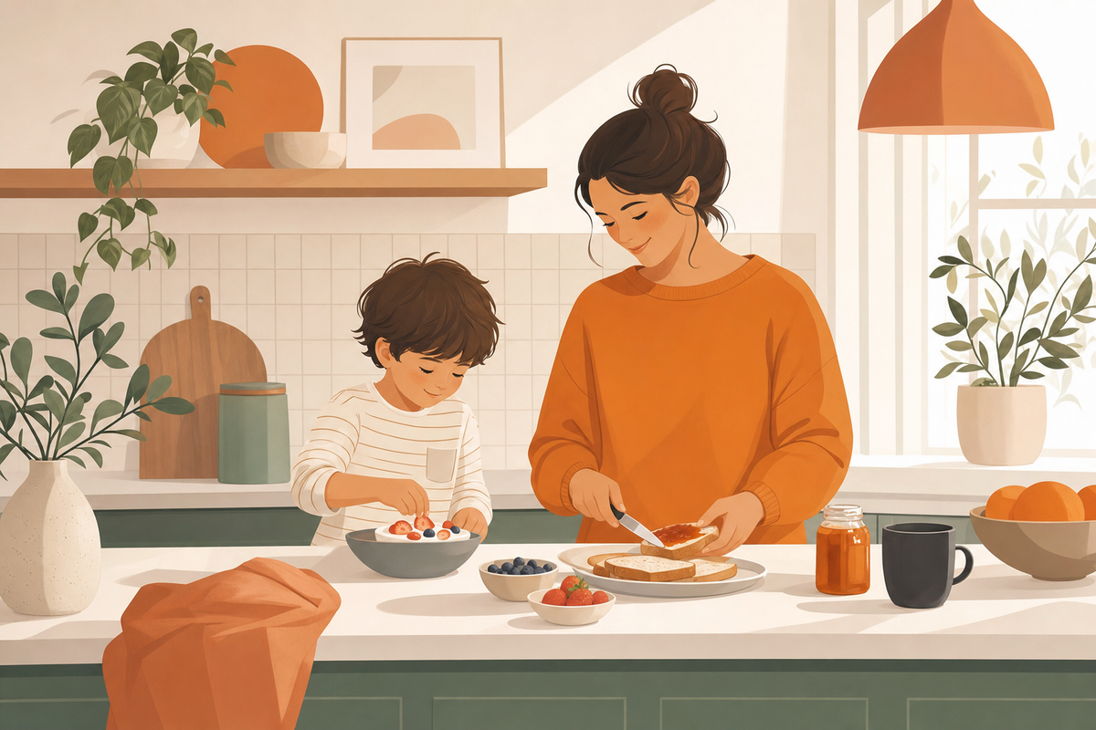 Parent and child calmly preparing breakfast together on a Saturday morning in a peaceful, organized kitchen