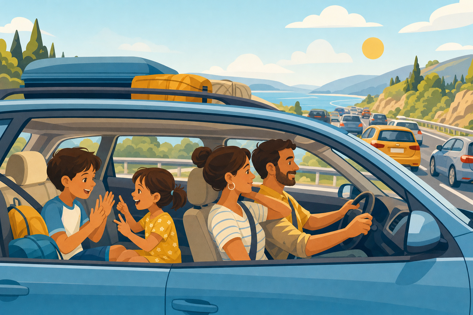 Flat illustration of two kids happily playing hand games in the backseat of a car during a traffic jam, with no screens in sight.
