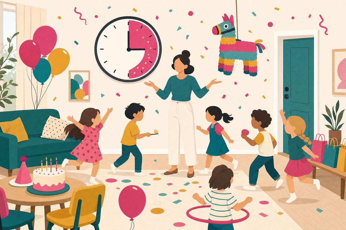Flat illustration of a single adult hosting a lively 90-minute birthday party for young children, with a clock highlighting the time window, balloons, a small cake, and confetti in a festive pink and teal color scheme.