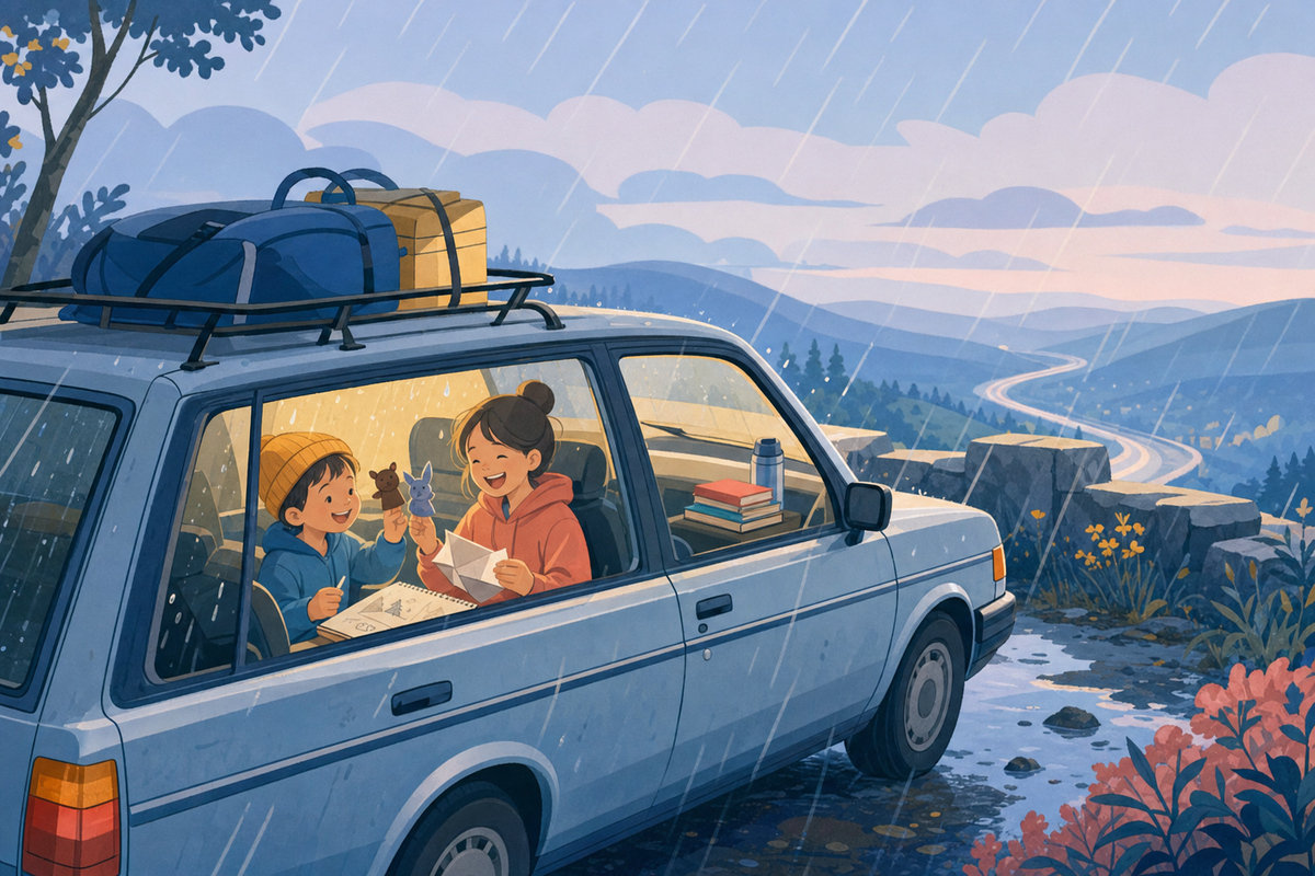 Flat illustration of two kids playing games inside a parked car during a gentle rainstorm on a road trip, with rain streaking the windows and hills in the background.