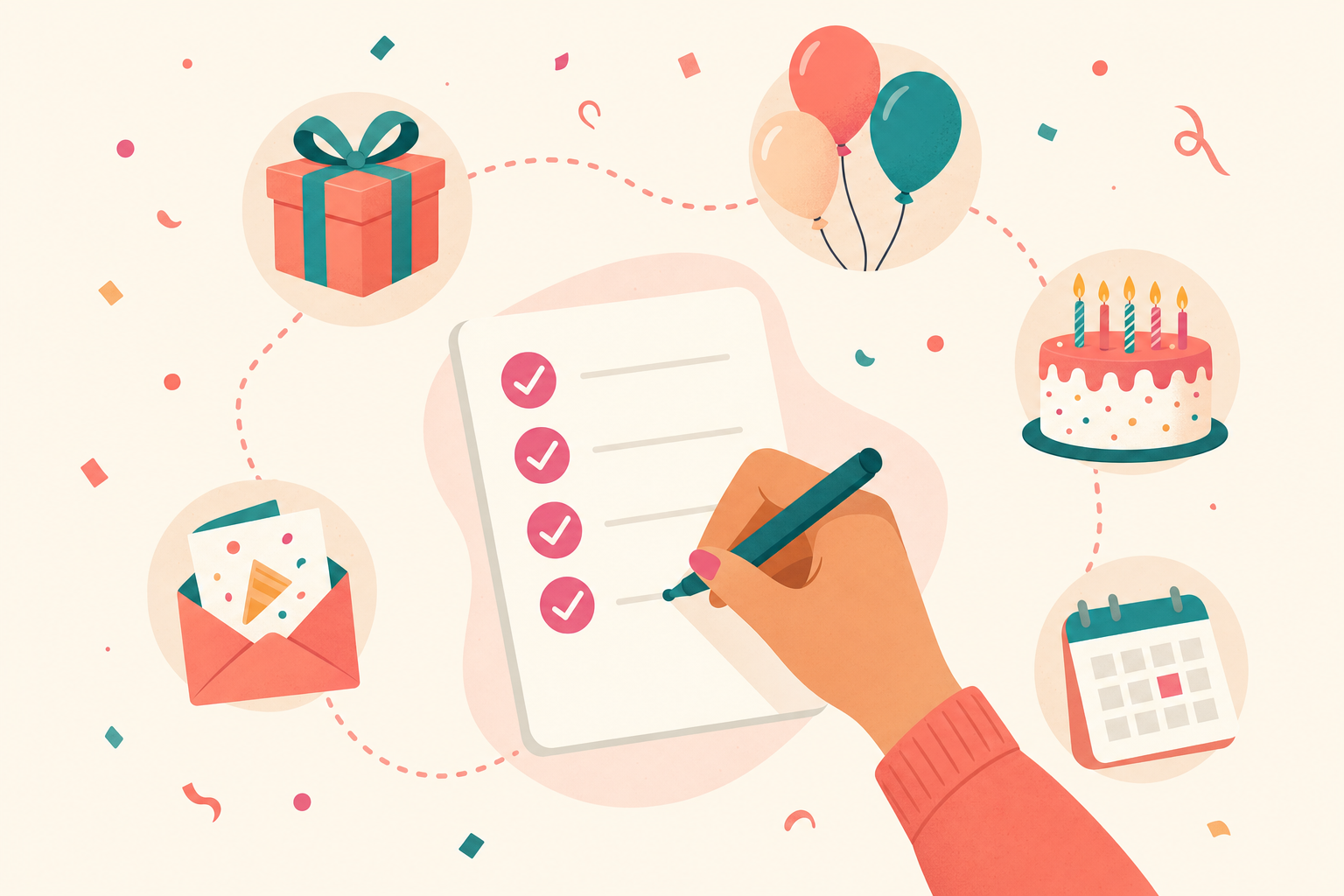 Flat illustration of a hand checking off a birthday party planning checklist, with icons for gifts, balloons, cake, invitations, and a calendar connected along a timeline path, in a festive pink and teal color palette.