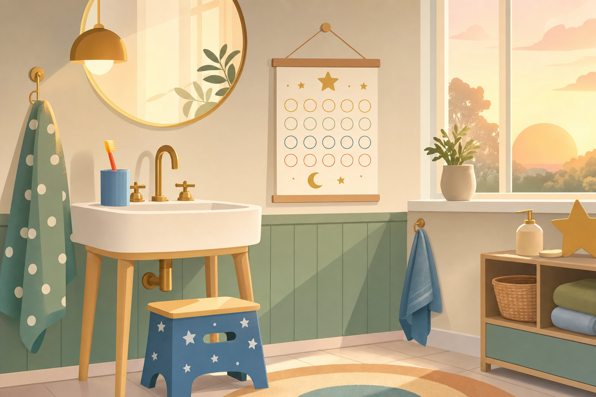 Peaceful bathroom scene with child's toothbrush, step stool, and reward chart on wall, illustrated in modern flat style with warm lighting