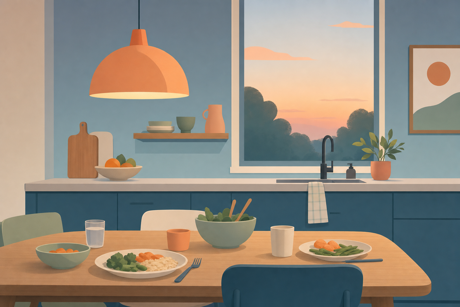 Calm kitchen scene with dining table and dishes after dinner, illustrated in soft pastel colors