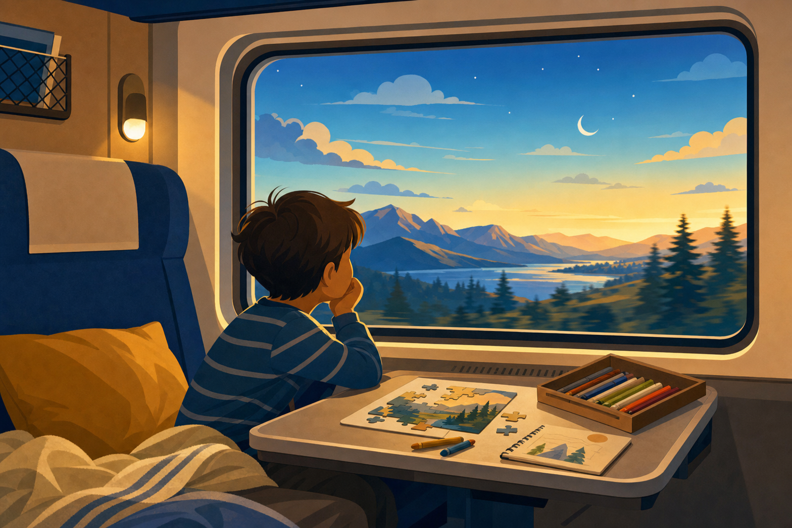 Child enjoying activities at a train window during an overnight journey