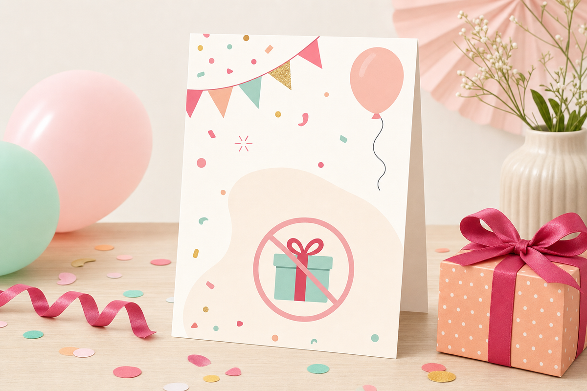 Flat illustration of a birthday invitation card with a gift box gently crossed out by a pink ribbon, surrounded by balloons and confetti, representing polite 'no gifts' wording for kids' birthday invitations.