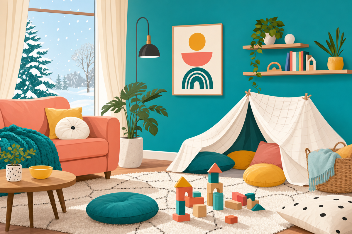 Cozy living room with snow falling outside the window and simple indoor play items scattered around, illustrated in a modern flat style with bright teal accents