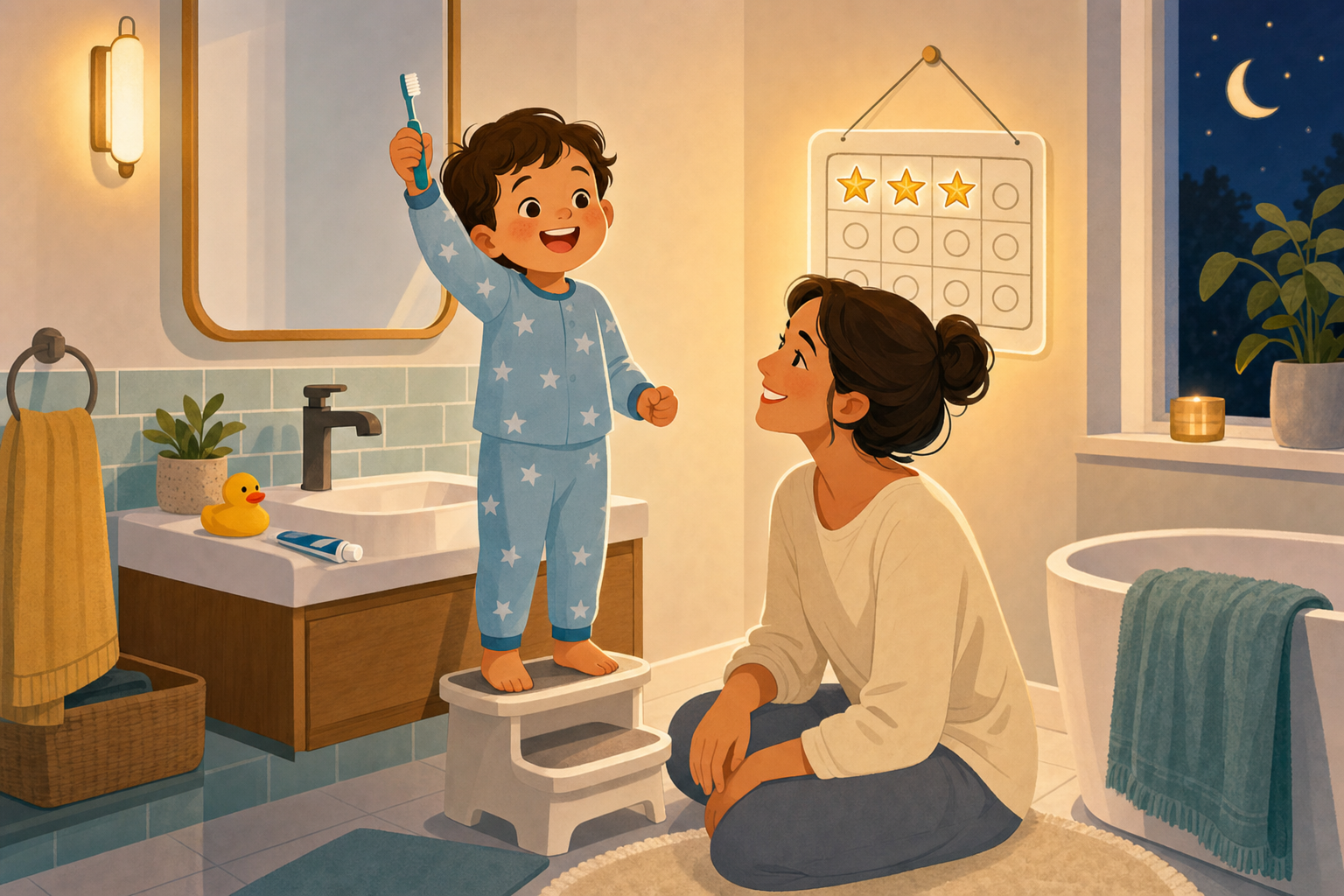 Illustration of a happy toddler brushing teeth with a parent beside a bathroom sticker chart with gold star stickers.