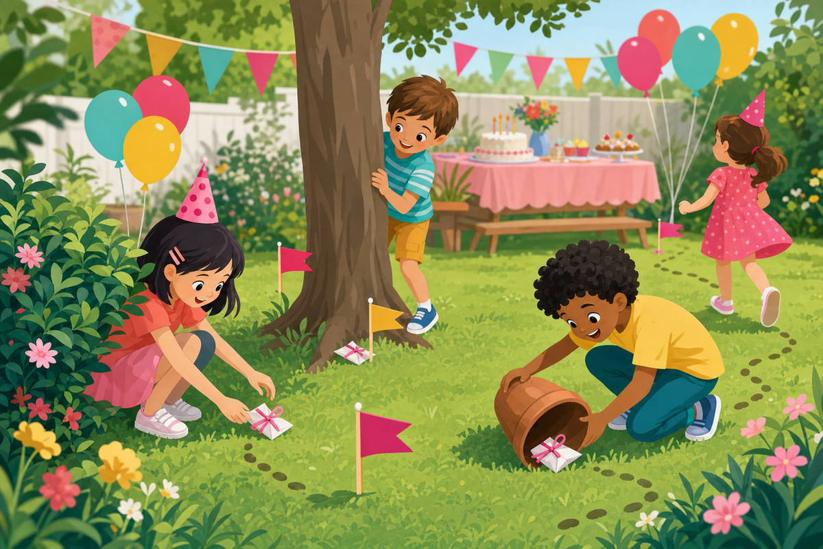 Flat illustration of young children following a birthday scavenger hunt trail with clues hidden around a festive backyard party.