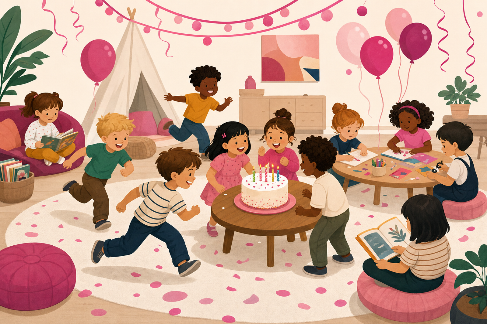 Illustration of 5-year-old children at an indoor birthday party engaging in various self-directed activities, with some playing actively while others enjoy quieter pursuits, showing a balanced party environment