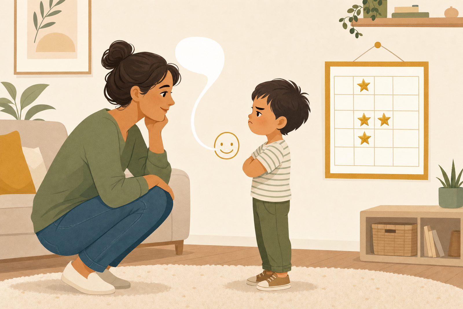 Flat illustration of a parent calmly guiding a young child toward using a printable sticker chart instead of responding to whining