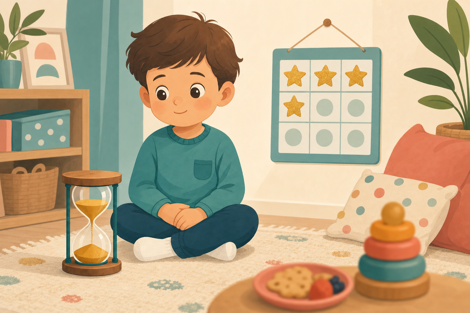 Flat illustration of a young child sitting calmly and waiting patiently beside a sand timer and a sticker chart with gold stars, with a toy and snack nearby, representing sticker charts that help kids ages 3 to 5 learn to wait without meltdowns.