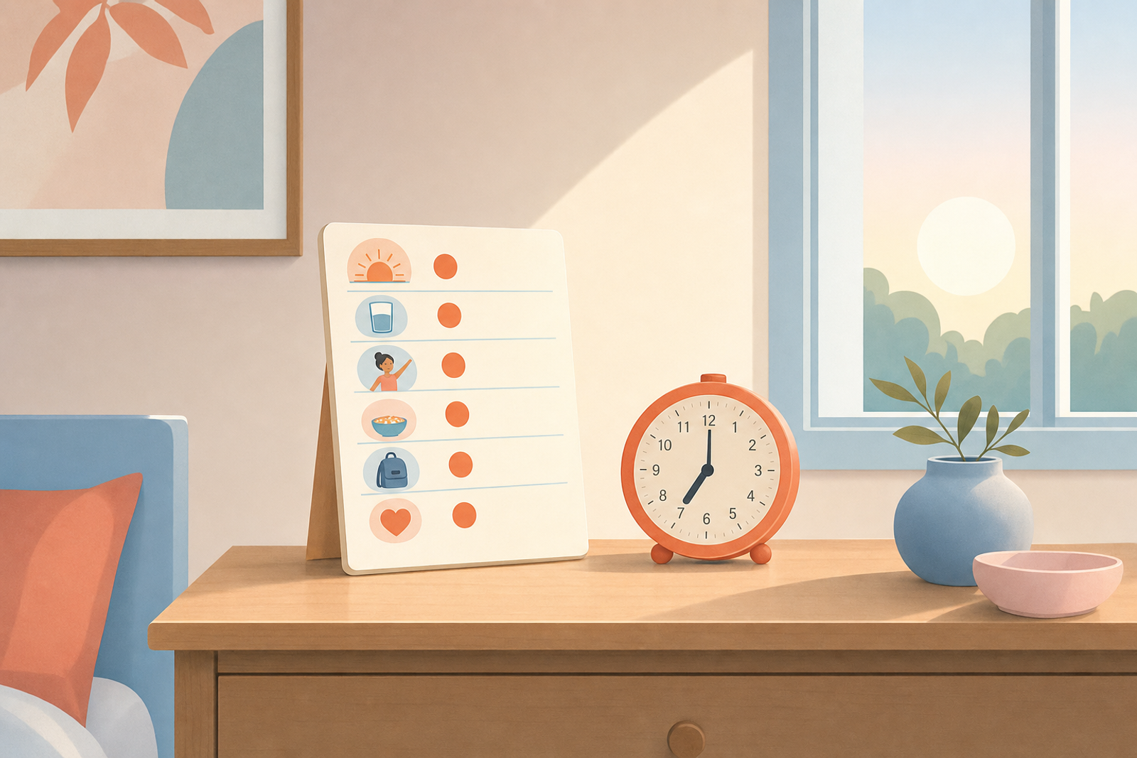 Peaceful morning scene with visual routine chart and morning sunlight, representing a structured and calm start to the day
